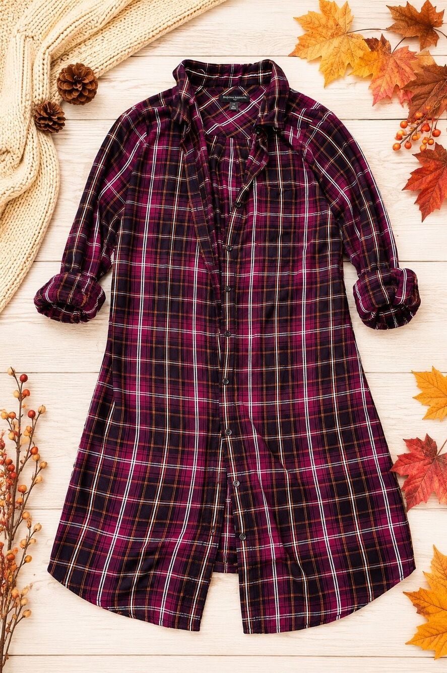 Banana Republic Women’s Size 12 Burgundy Plaid Long Button Down Tunic Shirt Dres